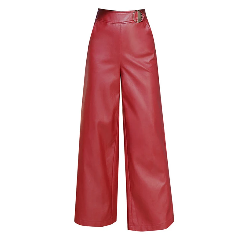 

High Quality 2019 Autumn Women Pants Pu Leather Straight Black/Red Pants Streetwear Slim Faux Leather Pants Female New Fashion