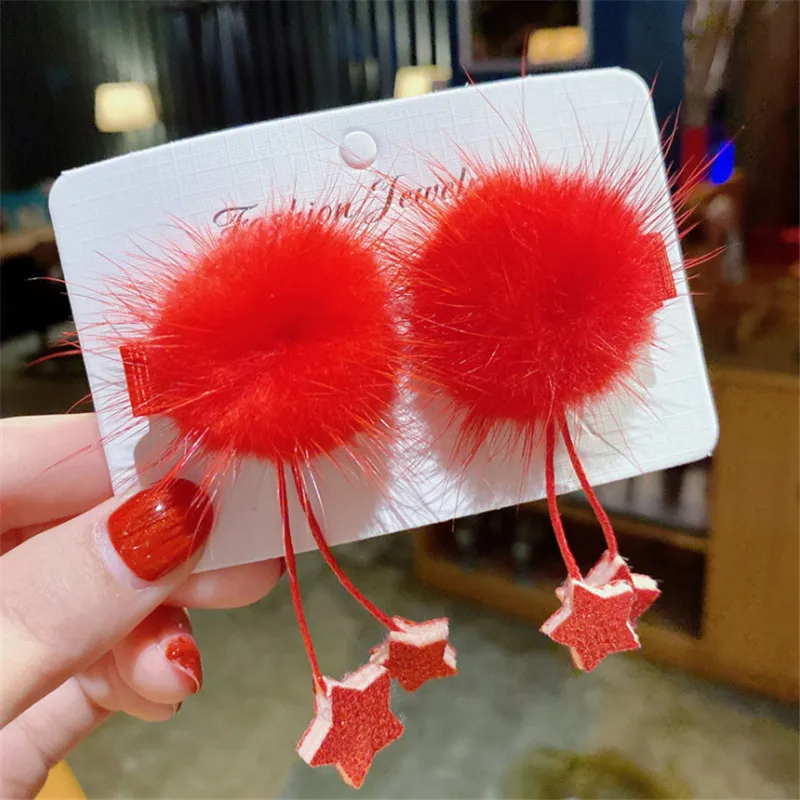 10pair/lot Chinese Style Plush Ball Tassel Hair Clips Star Heart Barrette Happy New Year Hairpin Handmade Accessories | Детская одежда