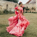 Женское многослойное шифоновое платье, длинное Розовое Бальное Платье со шлейфом и квадратным вырезом, с открытой спиной, бантом и оборками, для выпускного вечера