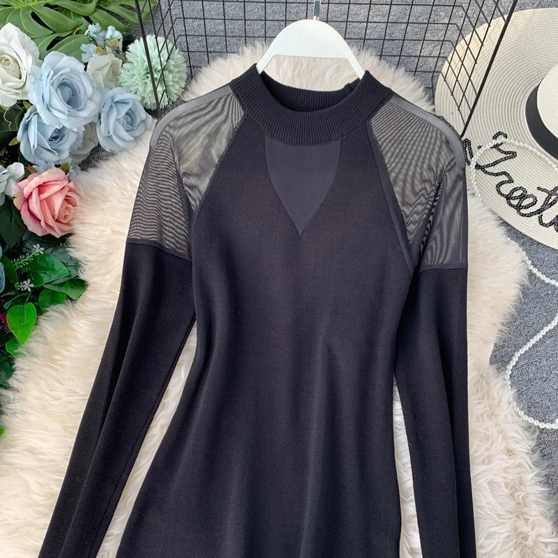 Long Sleeve Women Dress 2020 Autumn Mesh Patchwork Knitted Boho Beach Dresses Female Casual Black Mini Party Vestido | Женская одежда