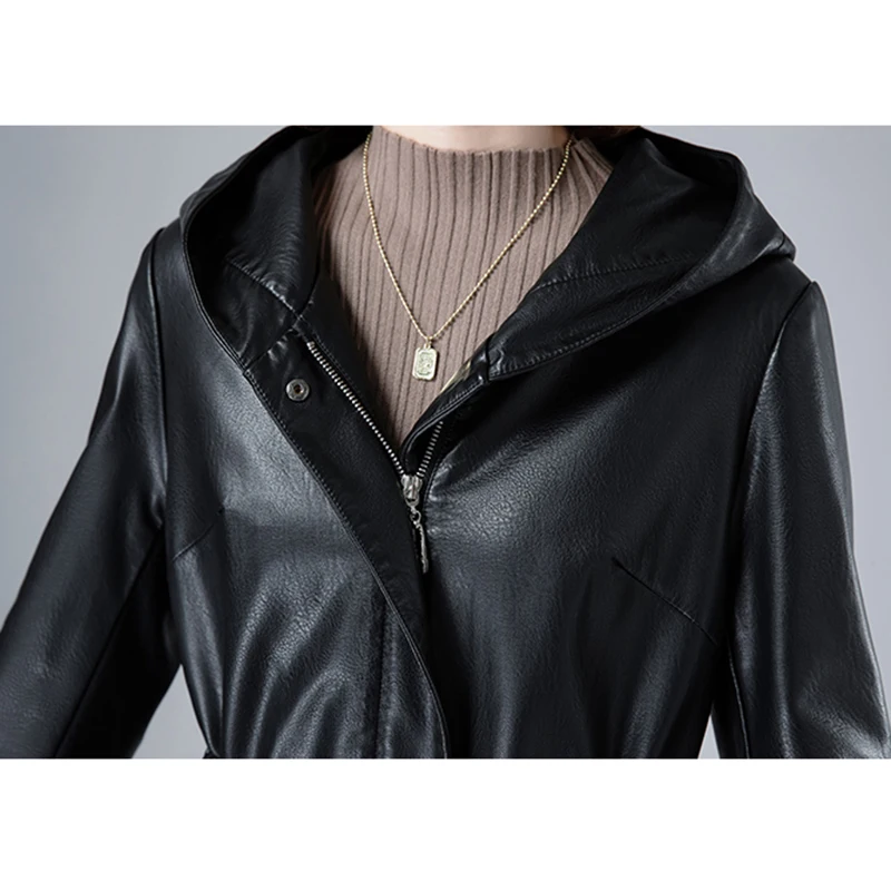 New Women Sheepskin Coat Spring Autumn 2022 Casual Fashion Solid Color Hooded Zipper Drawstring Slim Sheep Leather Trench Coat
