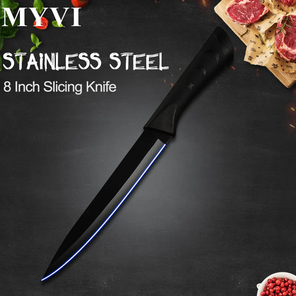 D.8 inch Slicing Черный нож из нержавеющей стали 6 шт. набор кухонных ножей Ультра острый нож шеф-повара Santoku нож для резки хлеба нож Прямая поставка - Цвет: D.8 inch Slicing