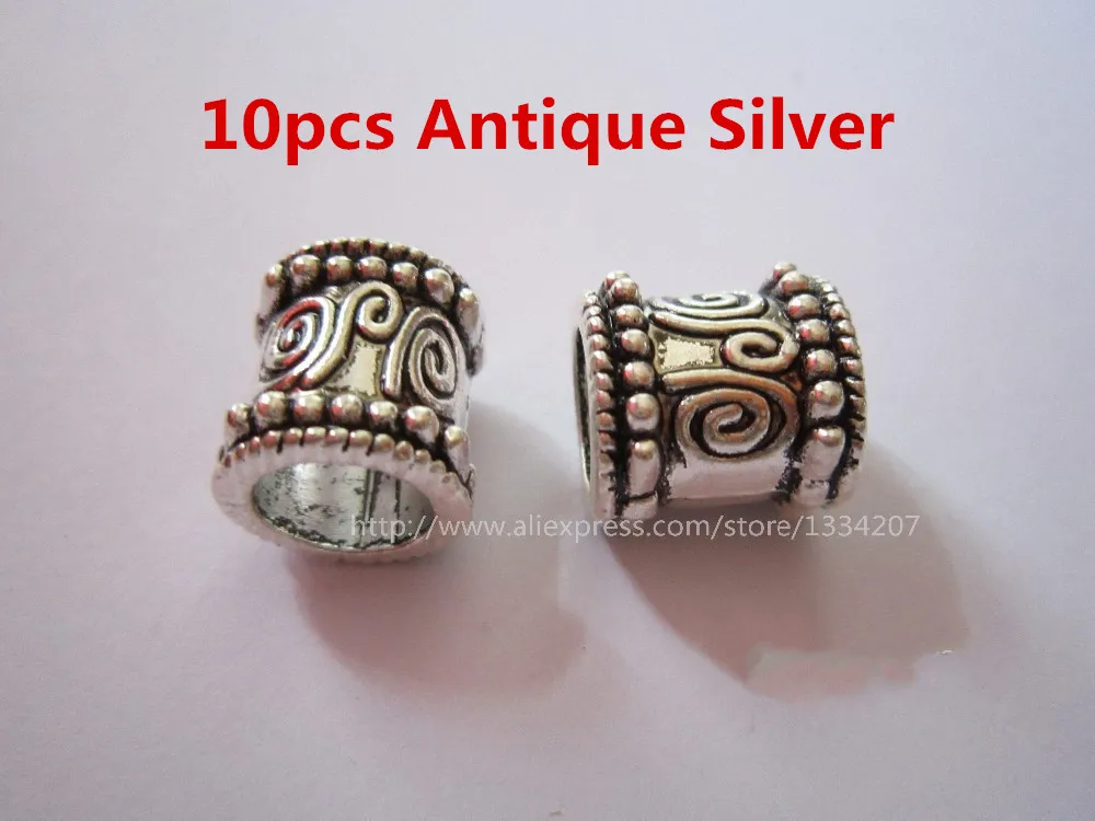 10pcs Antique Silver 5 шт-10 шт античные золотые/серебряные большие отверстия для волос дреды бусины трубчатые кольца для укладки волос аксессуары приблизительно 9,2 мм отверстие - Цвет: 10pcs Antique Silver