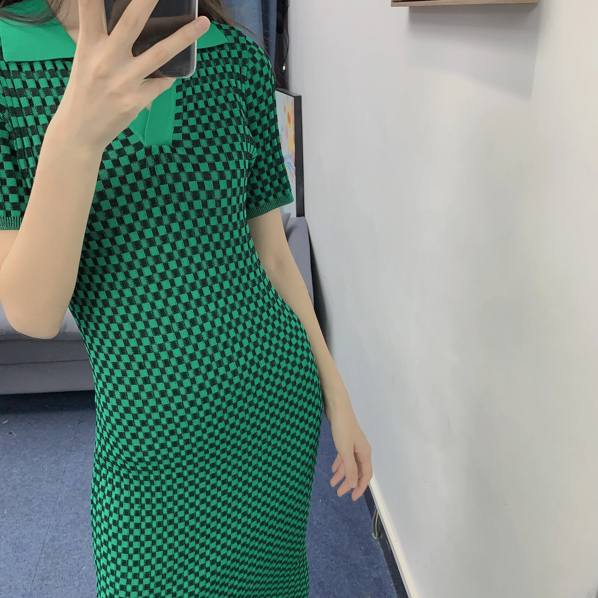 

High Quality 2020 New Retro Lapel Slim-Fit Short-Sleeved Checkerboard Plaid A-Line Vintage Short Embroidery Knee-Length Dress