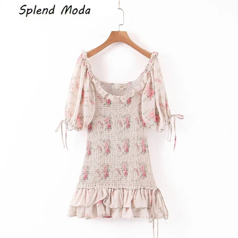 Splend Moda New Fashion Blogger Style Floral Print Pleated Fold Midi Dress Women Vintage Chic Ruffles Mini Dresses Female