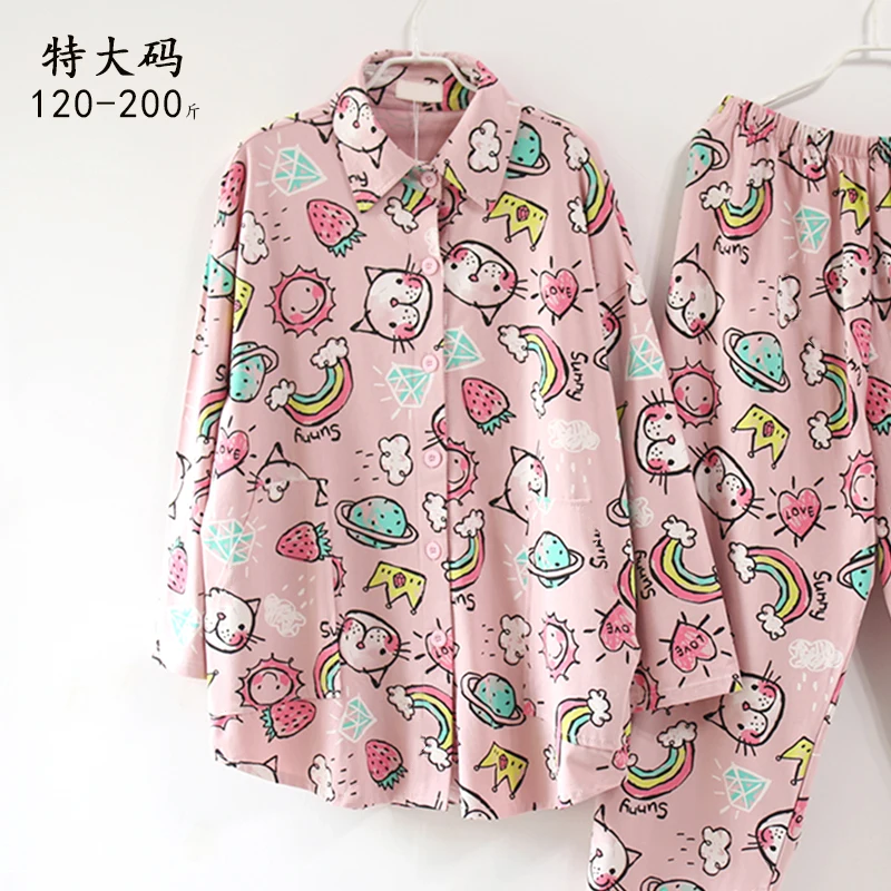 2021 New Korean Style Cartoon Hand Painted Pattern Large Size Spring and Autumn Pure Cotton Pajamas Womens Fat M Homewear Suit