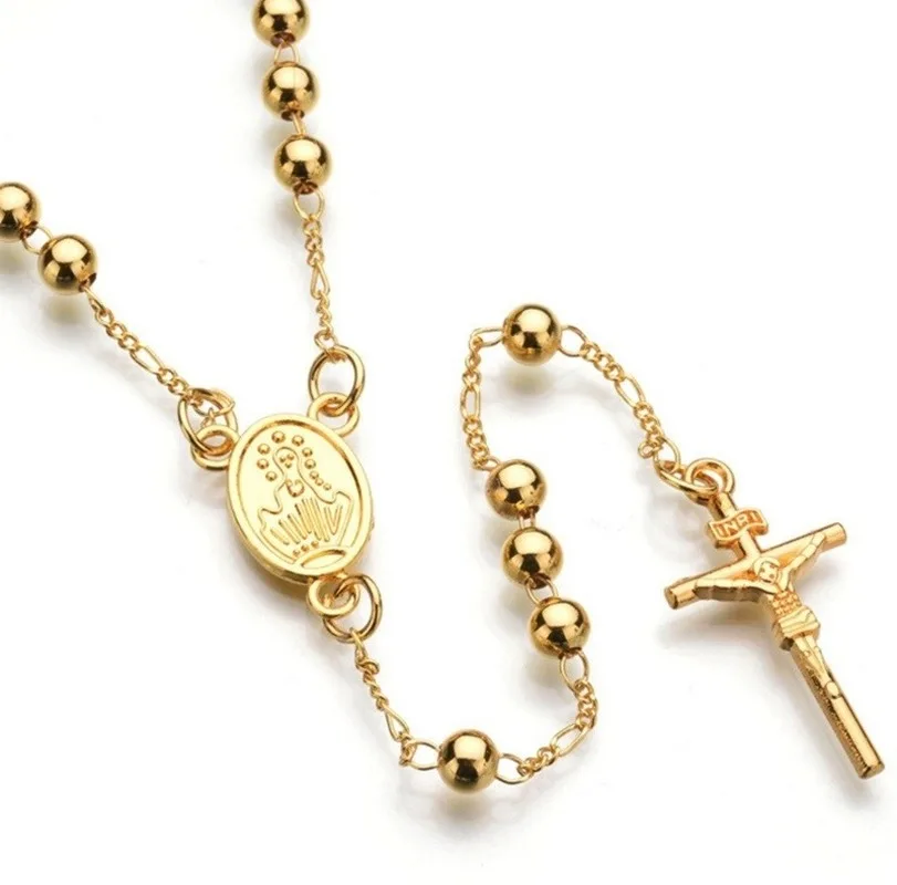 

Classic Religious Style Gold Cross Rosary Pendant Necklace Jesus Beads Cross Hip Hop Necklace