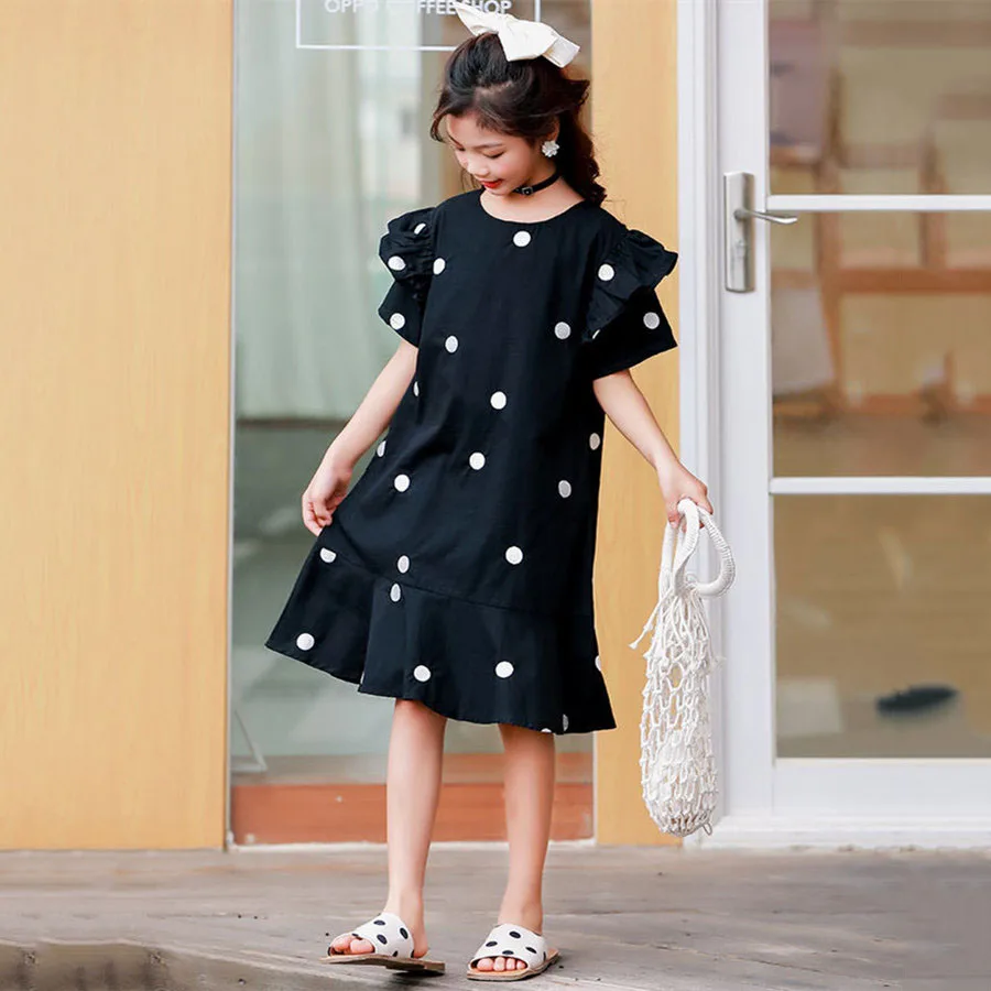 

Fashion Polka Dot Cotton Mid Calf Dress Girls 4 to 13 Years Black Back Zipper O Neck Ruffle Short Sleeve Mermaid Dresses Child