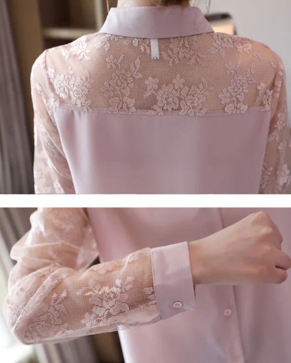 

Korean style Lace Tops Autumn New Women's Stitching Chiffon Shirt Fashion Long sleeve Crochet OL Blouse