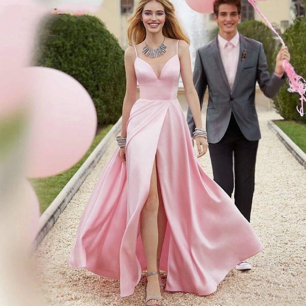 

V-Neck Sleeveless Evening Dress Spaghetti A Line Formal Dresses Satin Floor-Length Prom Party Gown Thigh-High Slits Custom