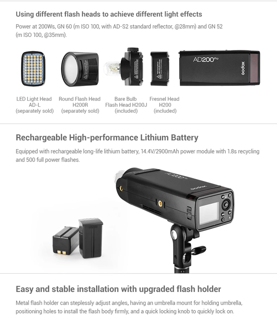 Godox AD200 Pro AD200Pro 200Ws 2,4G Вспышка стробоскоп 1/8000 HSS 500 полная мощность вспышки 0,01-2,1 s переработка батареи 2900 мАч