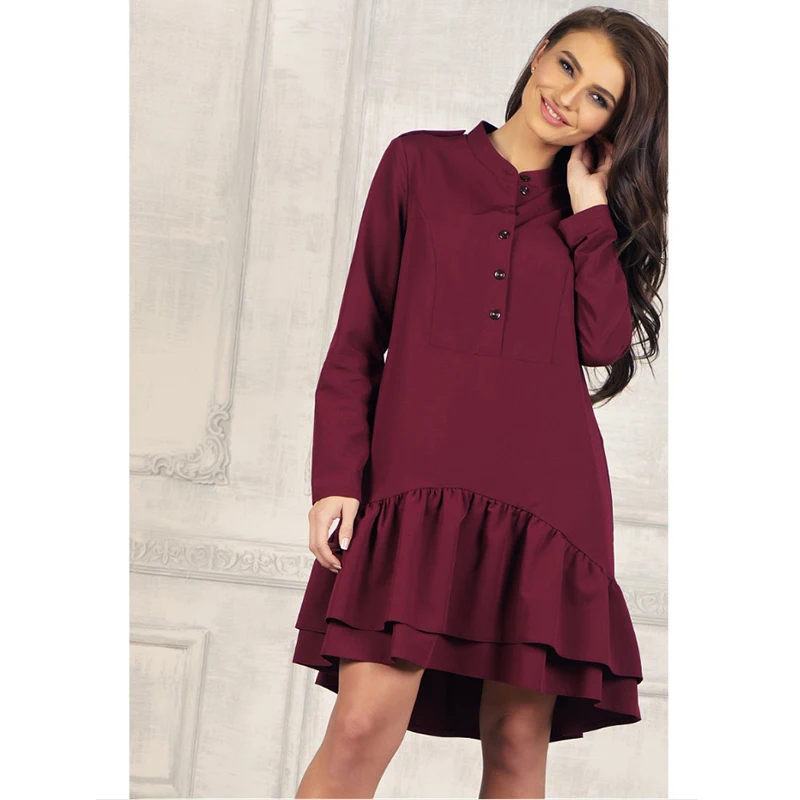 

Women Vintage Double Ruffled A-line Mini Dress Long Sleeve Stand Collar Solid Elegant Party Dress 2020 Autumn New Fashion Dress