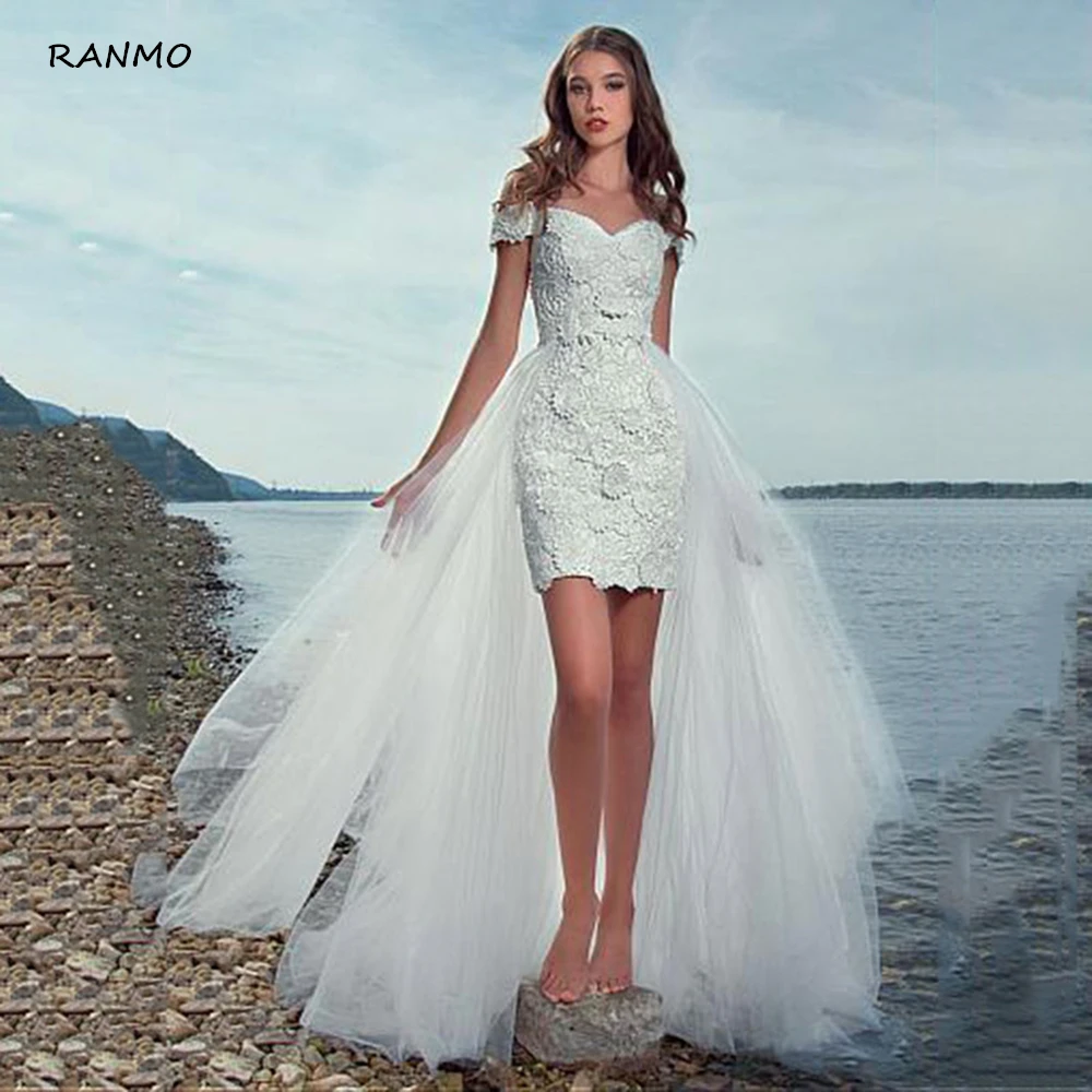 

Пляжное Короткое свадебное платье 2021 со съемным шлейфом и кружевной аппликацией для невесты 2 в 1 Vestidos de Noiva