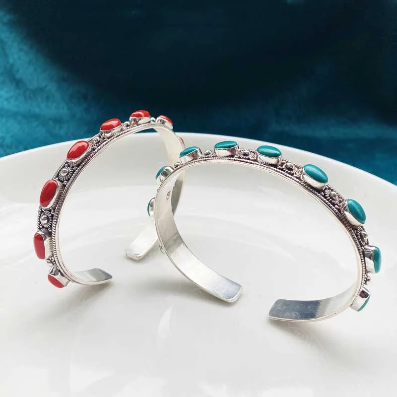 

Nepal Handmade Ornament Silver Turquoise Gemstone Bracelet Opening Bracelet Retro Creative Personality Tibetan Ethnic Style