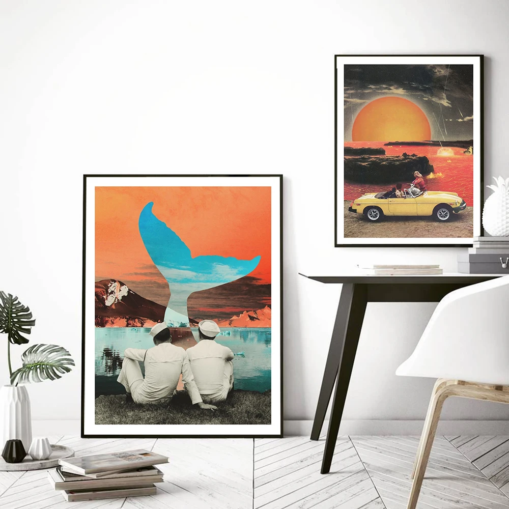 

Vintage Convertible Car Canvas Pictures Sunset Mountain Print Painting Fish Tail Lake Wall Art Posters Modern Bedroom Home Decor