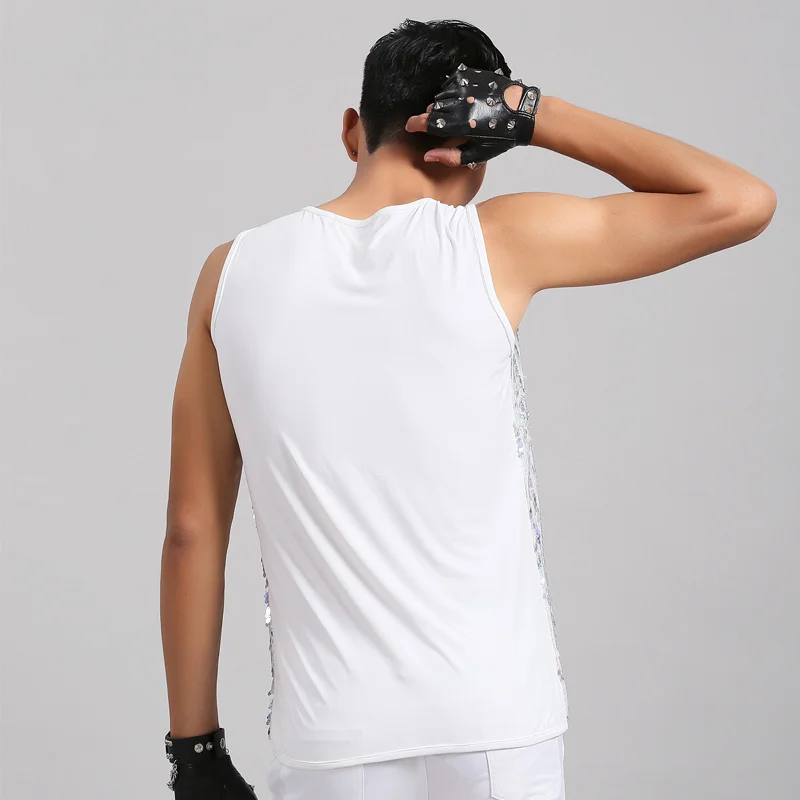 Nightclub Adult Costumes Tight Sexy Slim Elastic Sequined Vest Hair Stylist DJ Singer DS Male Men Clothing 2020 Tank Top | Мужская