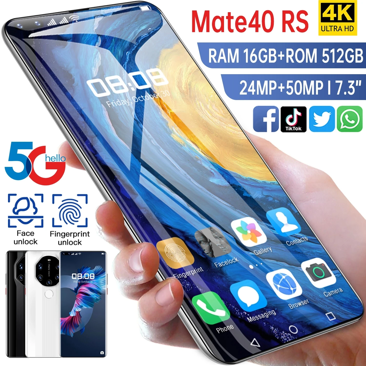 

Hot Sales Mate40 RS Game Smartphone 6800mAh Face ID Finger Print Unlock Cellphone Snapdragon 888 24MP 50MP 7.3Inch 16GB 512GB