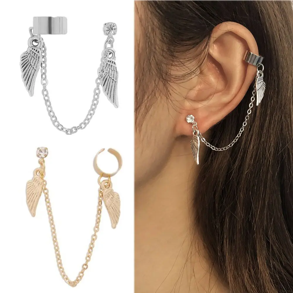 

Gift Jewelry Gold Color for Women Men Christmas Gift Tragus Earrings Ear Cuff with Long Chain Tassel Wing Earrings