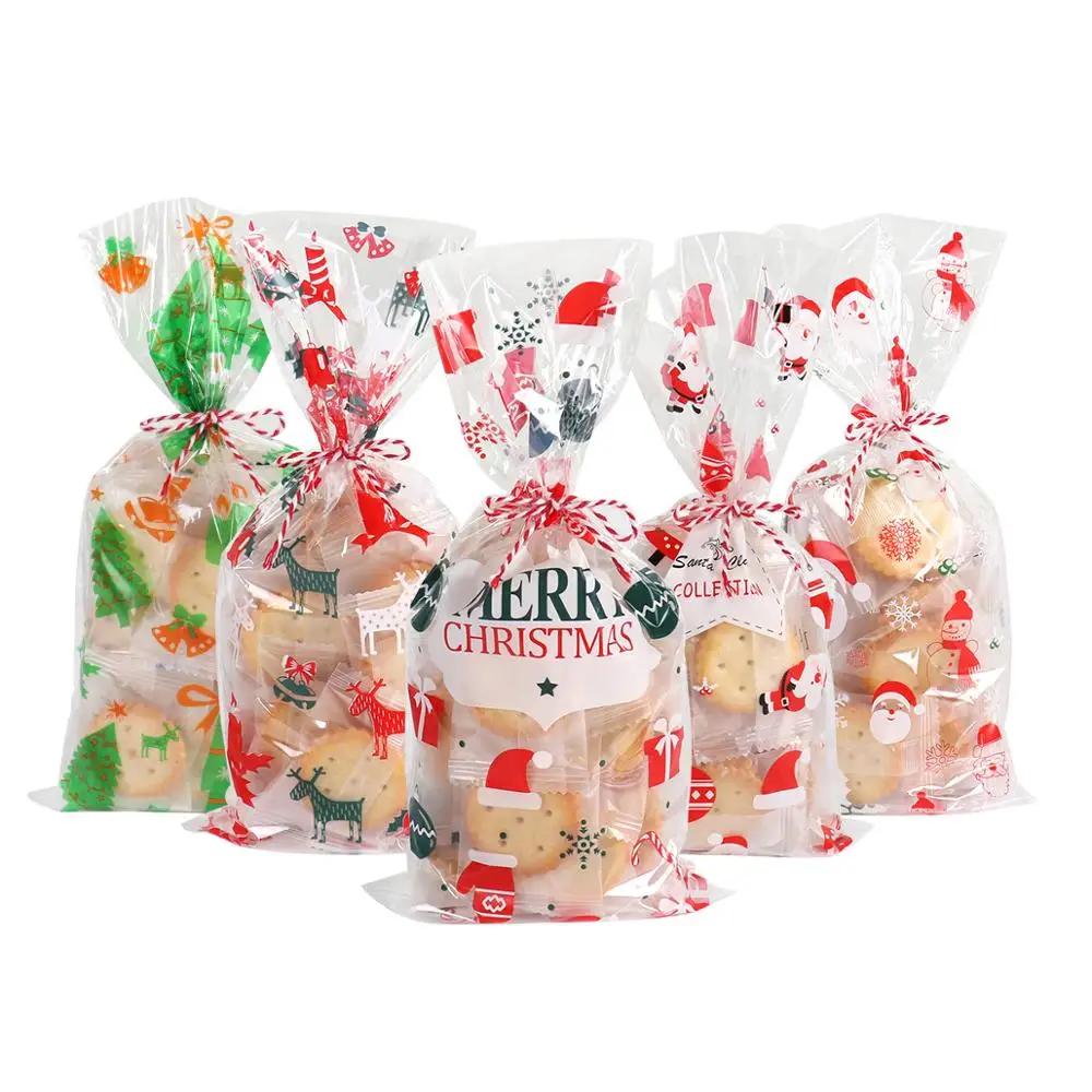 

50Pcs Christmas Self-adhesive Cookie Packing Plastic Bags Xmas Cellophane Party Bags Treat Candy Bag Festival Party Favor Gift