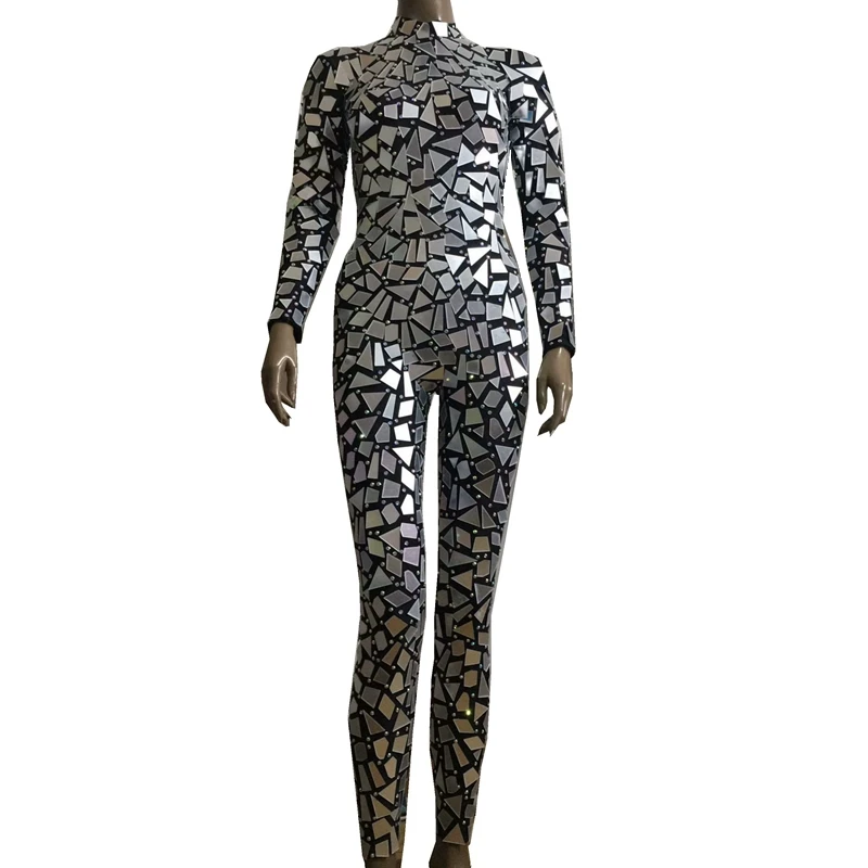 Женский комбинезон с серебряными зеркальными зеркалами длинное черное платье