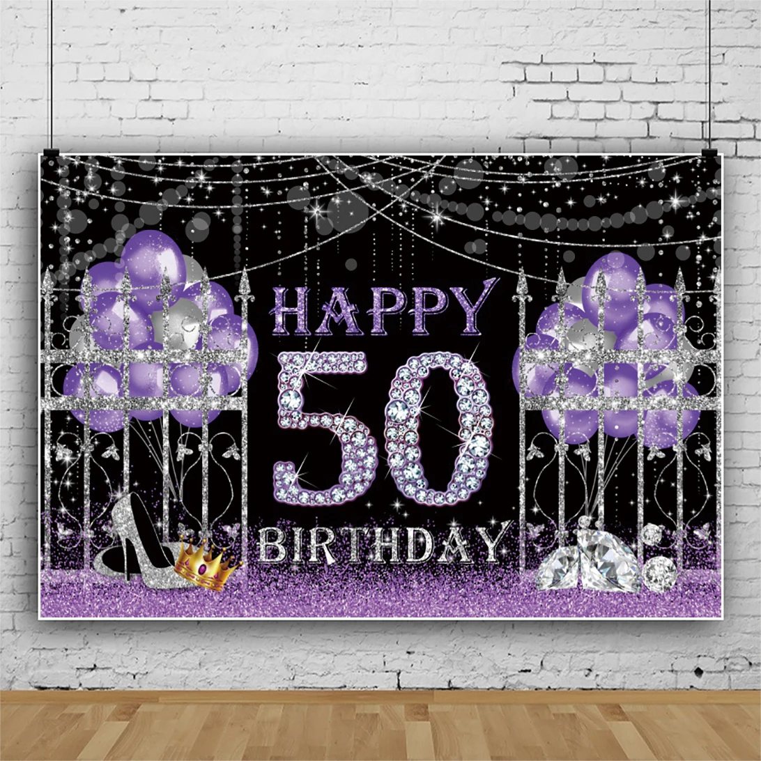 

Laeacco 50th Birthday Celebration Party Purple Balloons Dots Poster Customized Portrait Photo Background Photography Backdrops