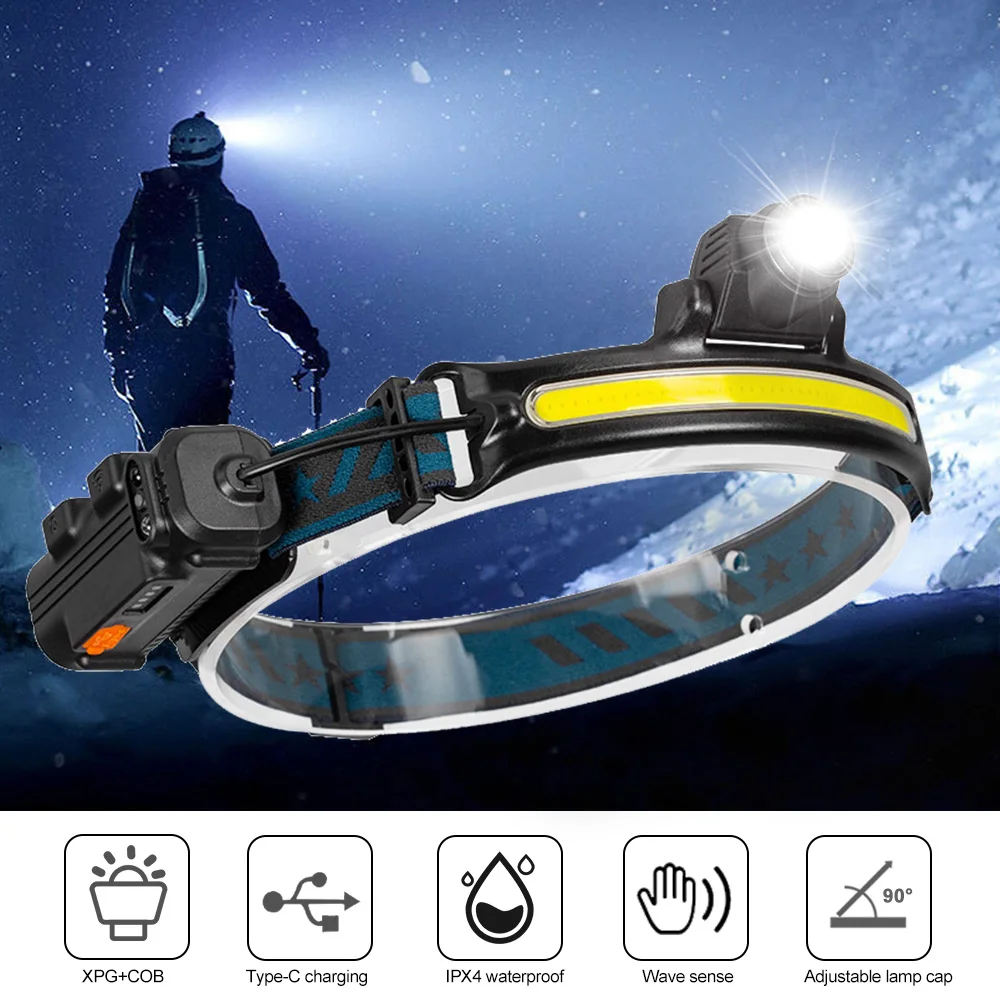 

Wide Range Lighting LED Fishing Headlamp XPG+COB Lamp Beads Portable Floodlight with Sensor Headlight for Expedition, Fishing