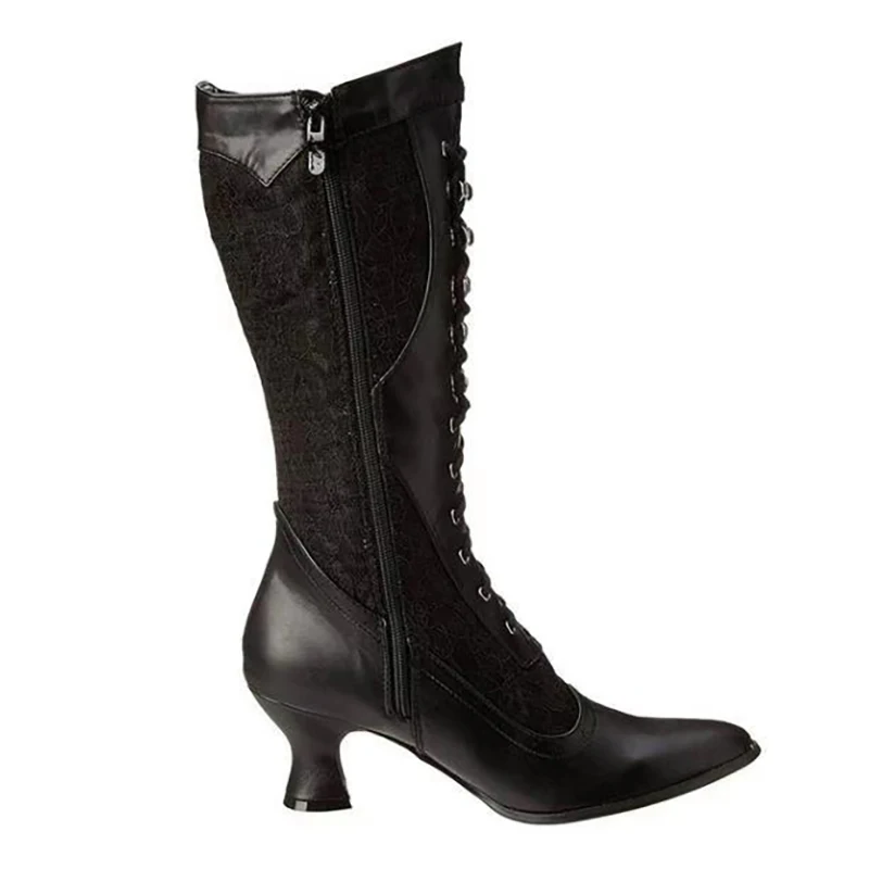 

Pointed Wine Glass With Lace Stitching PU Knee-Length Boots Cross-Lace Side Zipper White Pattern Women's Boots