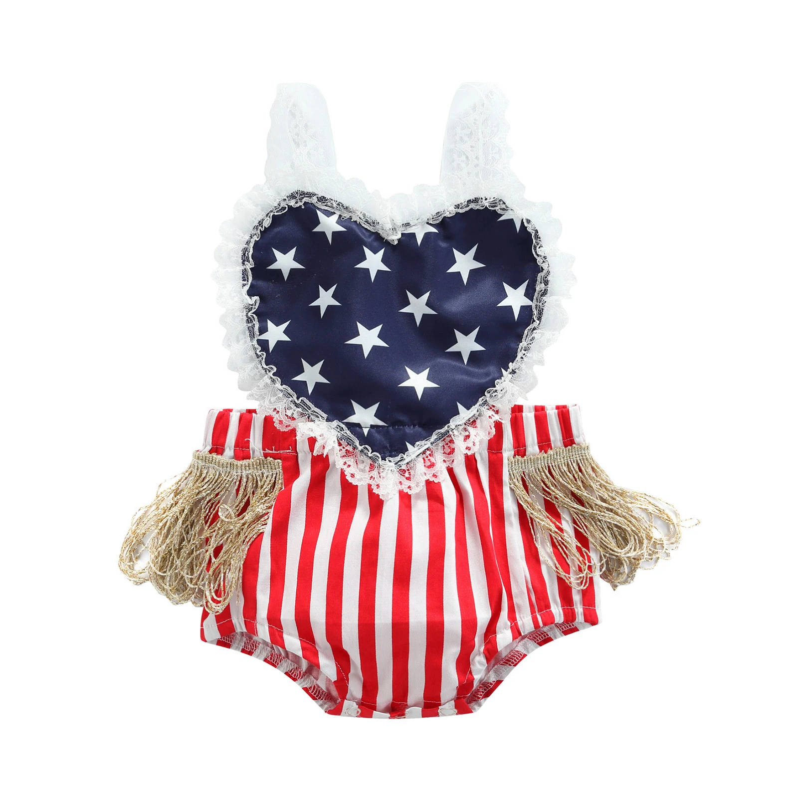 

Independence Day Baby Girls Romper, Summer Infant Star Stripe Printing Heart Lace Splicing Sleeveless Suspender Jumpsuituit