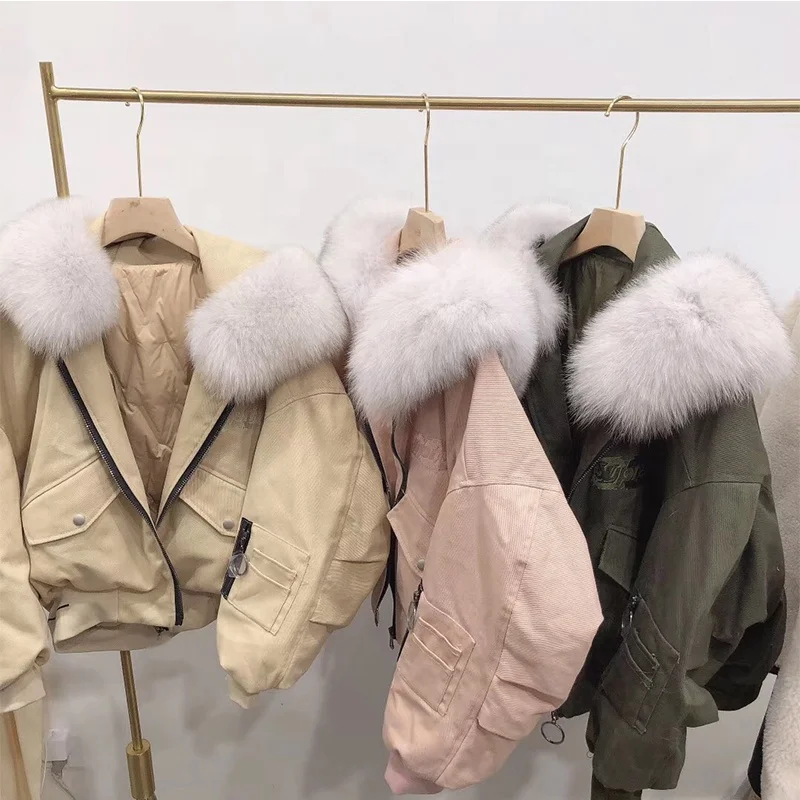 Winter female winter big fur collar Korean short puffer oversize down jacket fox hooded parka bomber women | Женская одежда