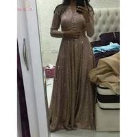 gold arabic muslim a line evening party dresses v neck formal sequined long sleeves prom gowns vestido de festa 2022 plus size