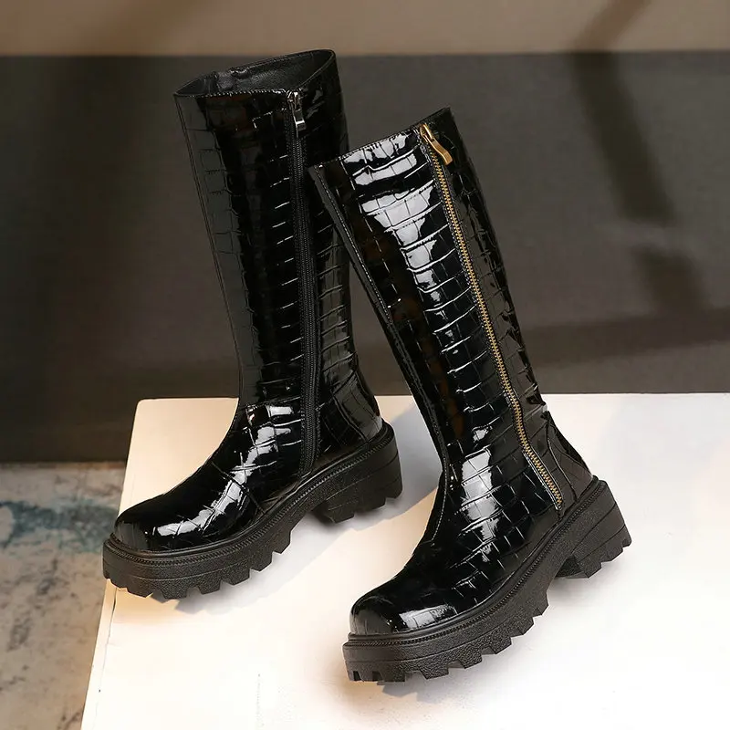 

2021 New Mid Calf Women Boots Square High Heel Zipper Women Shoes PU Leather Square Toe Platform Long Boots Size 34-43