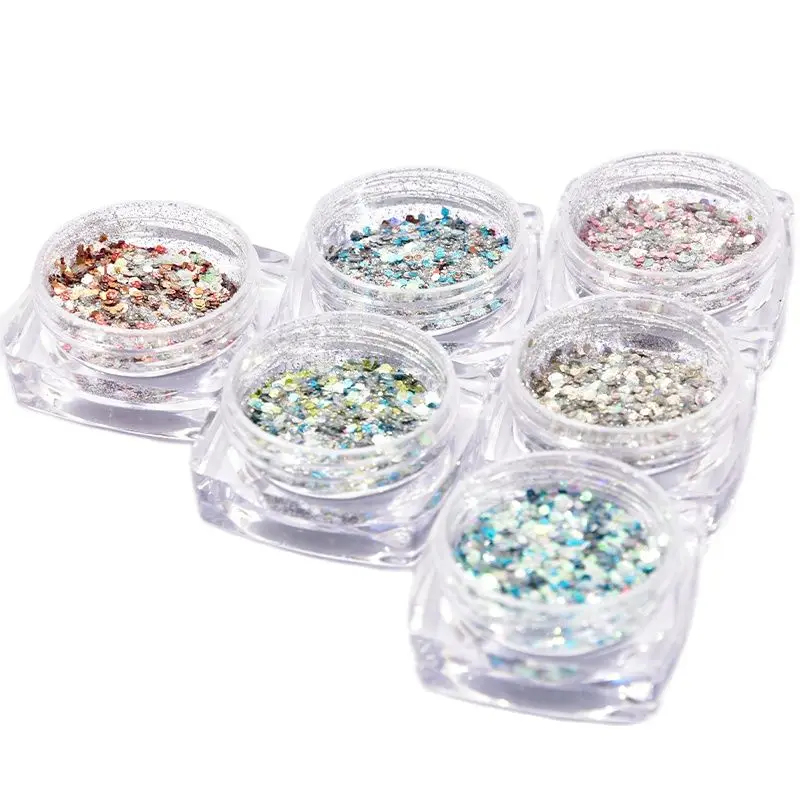 Набор из 6 штук грубого голографического флейк-порошка для нейл-арта с разнообразными гексагональными радужными лазерными дизайнами для декорирования ногтей "Металлические хлопья".