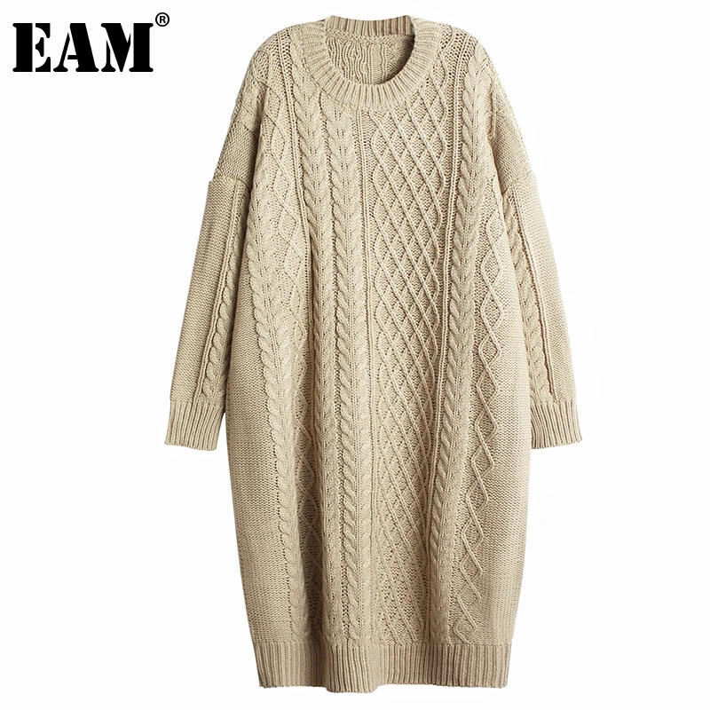

[EAM] Women Khaki Big Size Knitting Long Dress New Round Neck Long Sleeve Loose Fit Fashion Tide Autumn Winter 2021 1DE1749
