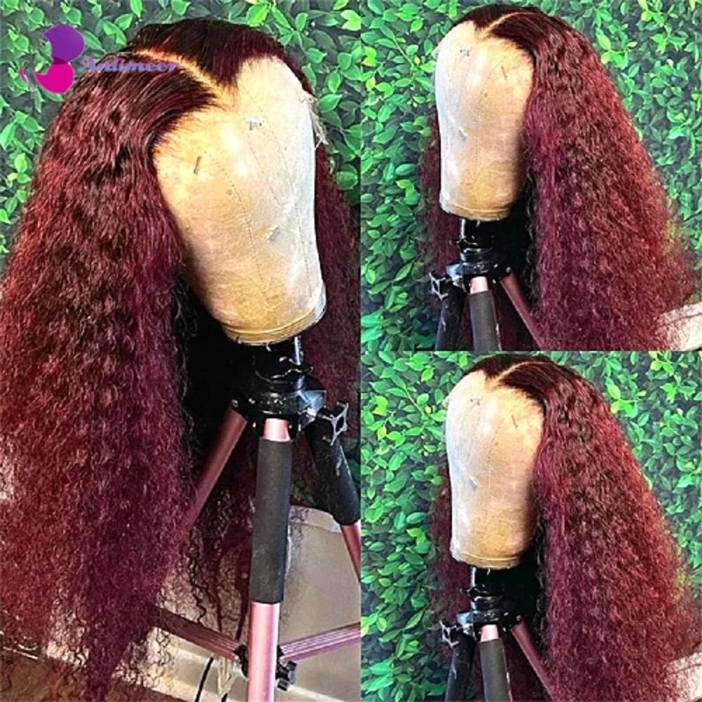 

Alimeer Curly Burgundy New 13x4 Lace Front Wig Kinky Curly 180% Density 99J Brazilian Human Hair Wig Wavy WigFor Black Women