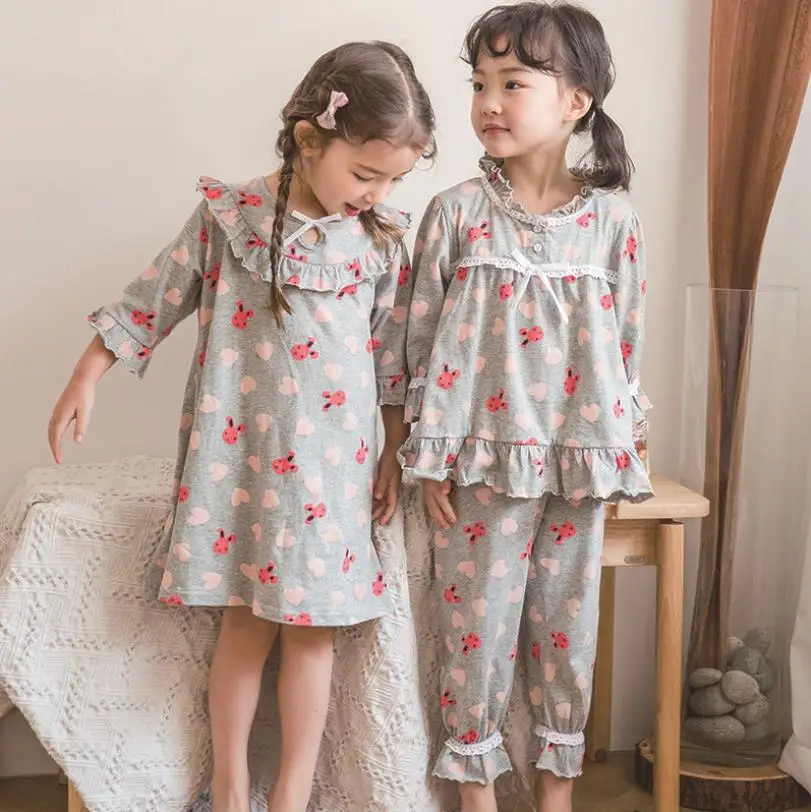 

2-10y Baby Girl Cotton Nightgowns 2019 Spring Autumn New Princess Print Sleep Wear Kids Ruffles Lace Patchwork Home Clothes
