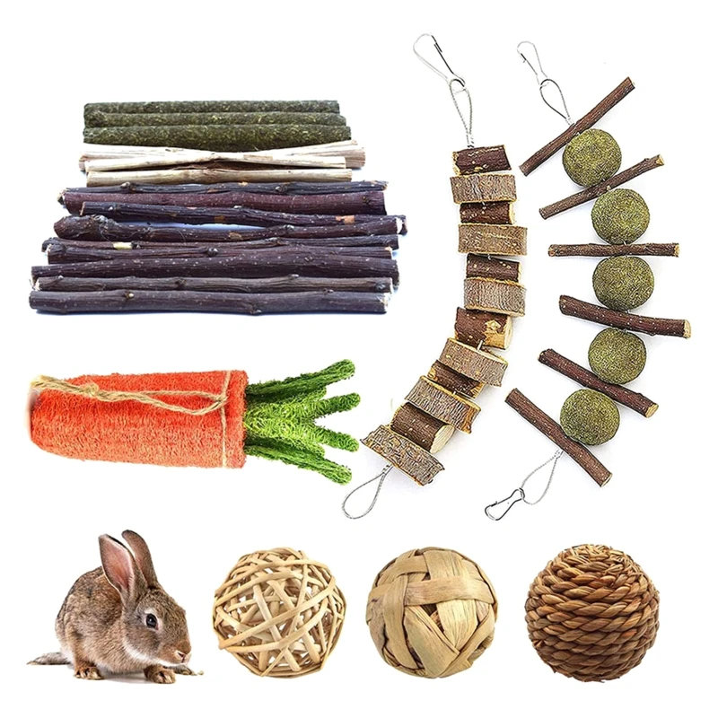 

9 Pcs Rabbit Chew Toys for Teeth Hay Balls Sticks Twigs Grass Chews Safe & Natural for Hamsters Guinea Pigs Gerbils Rats