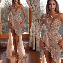Sexy Cheap Custom Made Dusty Pink Sweetheart Shiny Shimmer One Shoulder High Slit Women Prom Dress Evening Dresses Gowns (2)