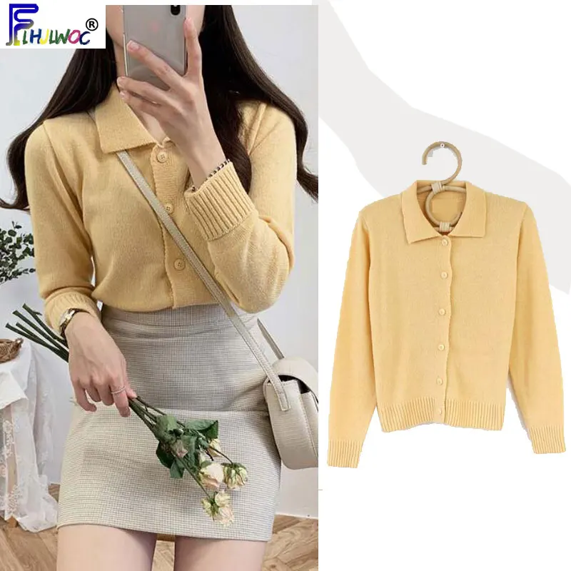 Свитер женский с длинными рукавами стройнящий милый коричневый на пуговицах