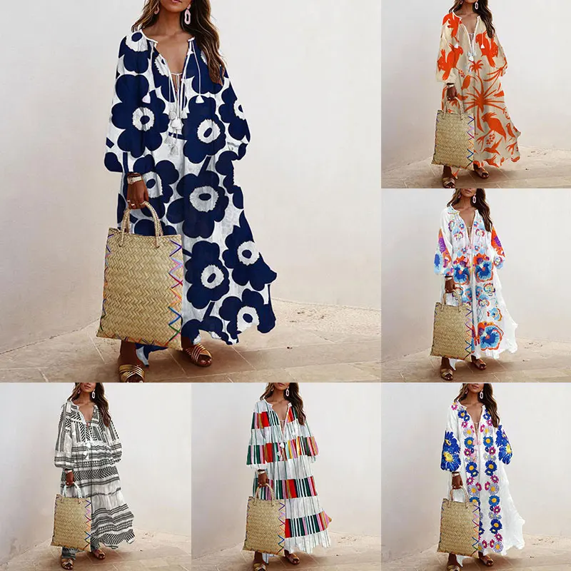 

High Quality Printed Long-sleeved Dress Thin V-neck Flower Print with Summer Big Swing Fashion Boho Everyday Beach Party