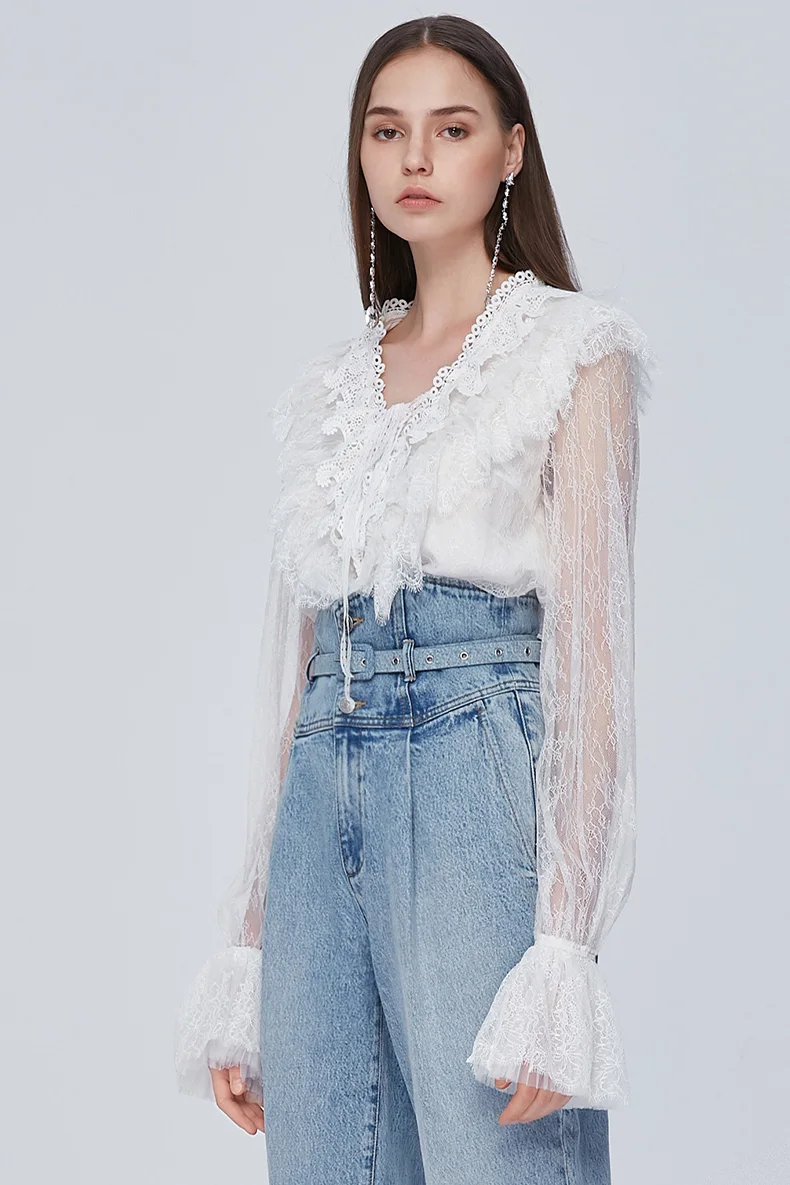 Милая женская кружевная блузка 2019 модная прозрачная с v-образным вырезом длинным
