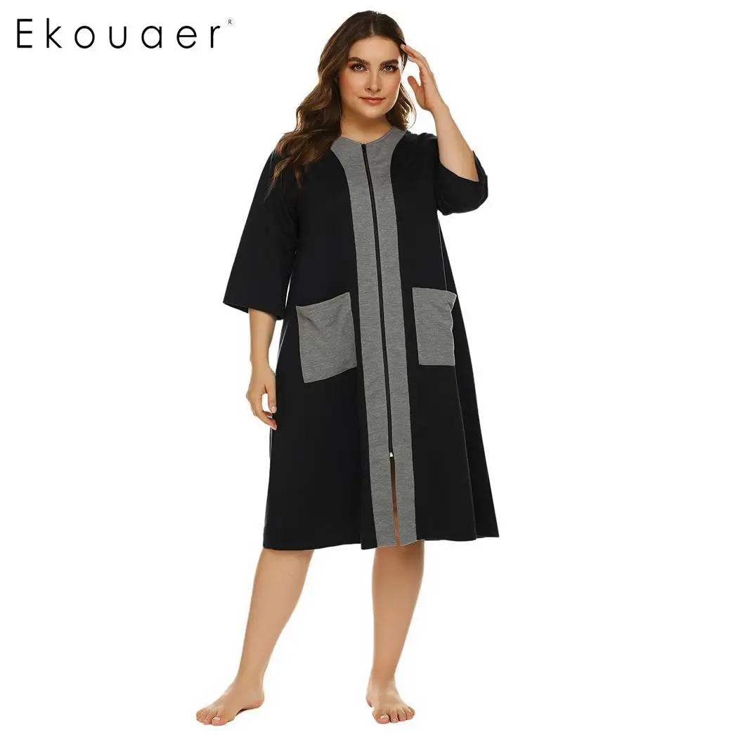 Ekouaer женская ночная рубашка размера плюс Халат на молнии с коротким рукавом и