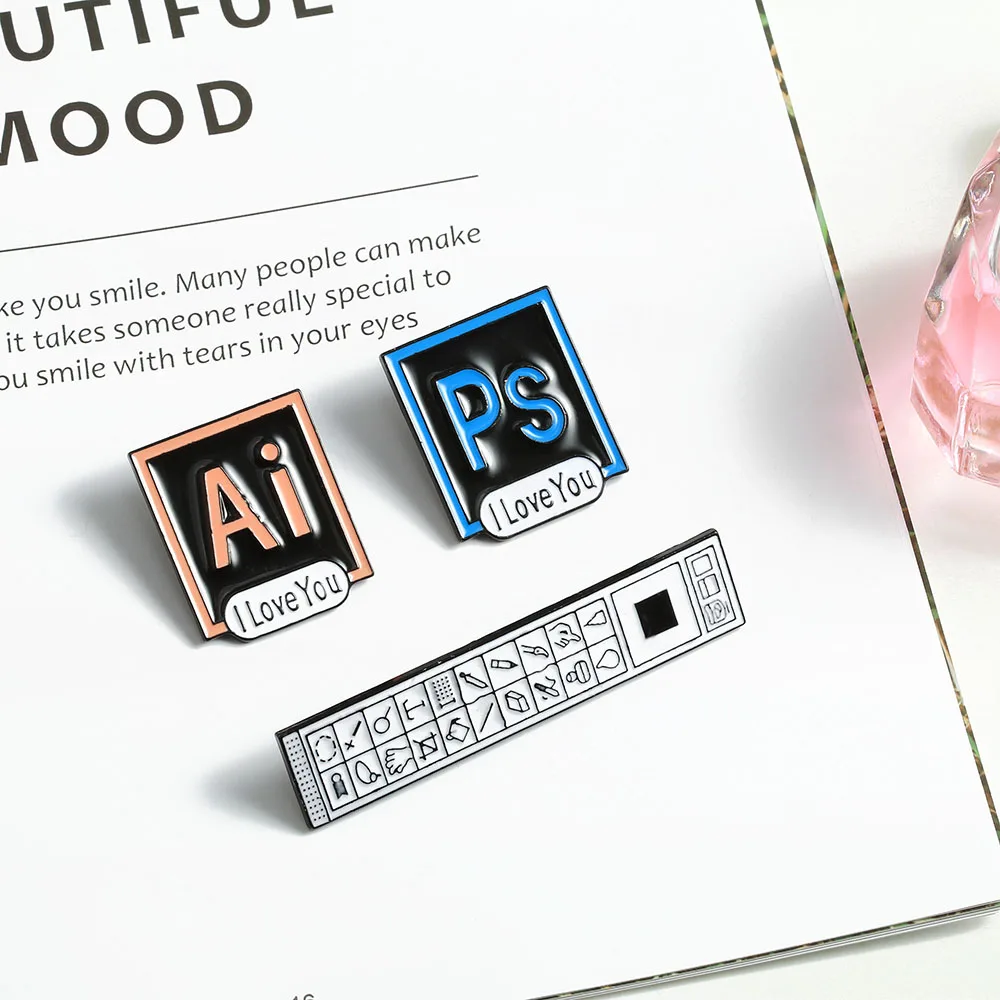 Фото Эмалированные булавки PS AI I Love You Photoshop Illustrator, брошь на панели инструментов, значки, программное обеспечение, дизайнерская заколка на лацкан ... №4