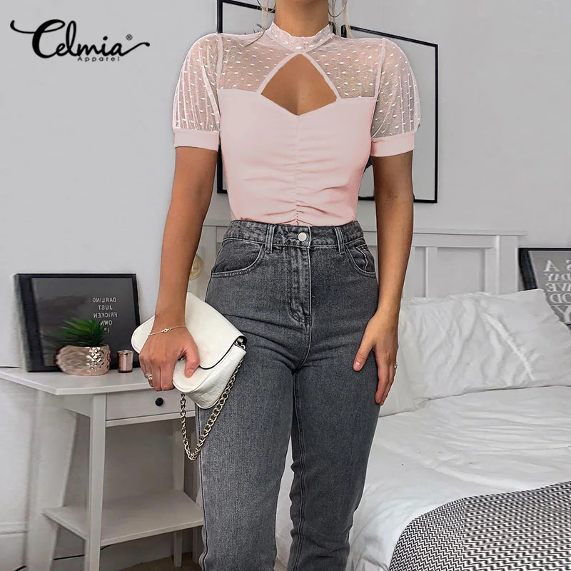 

Celmia женские сетчатые Прозрачные рубашки 2021, летние прозрачные сексуальные блузки с коротким рукавом, повседневные облегающие Модные топы, ...