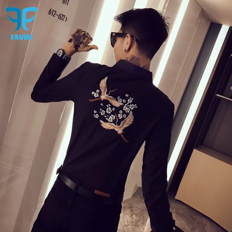 

FAVRE Men Dress Shirts Long Sleeve Feihe Crane Embroidery Turn-Down Collar Casual Blouse Slim Office Social Business White Tops