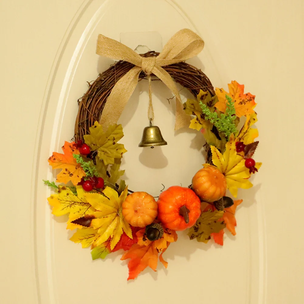 

Декоративный венок на Хэллоуин, искусственная Кленовая гирлянда из ротанга с изображением тыквы и ягод на День Благодарения, 2021