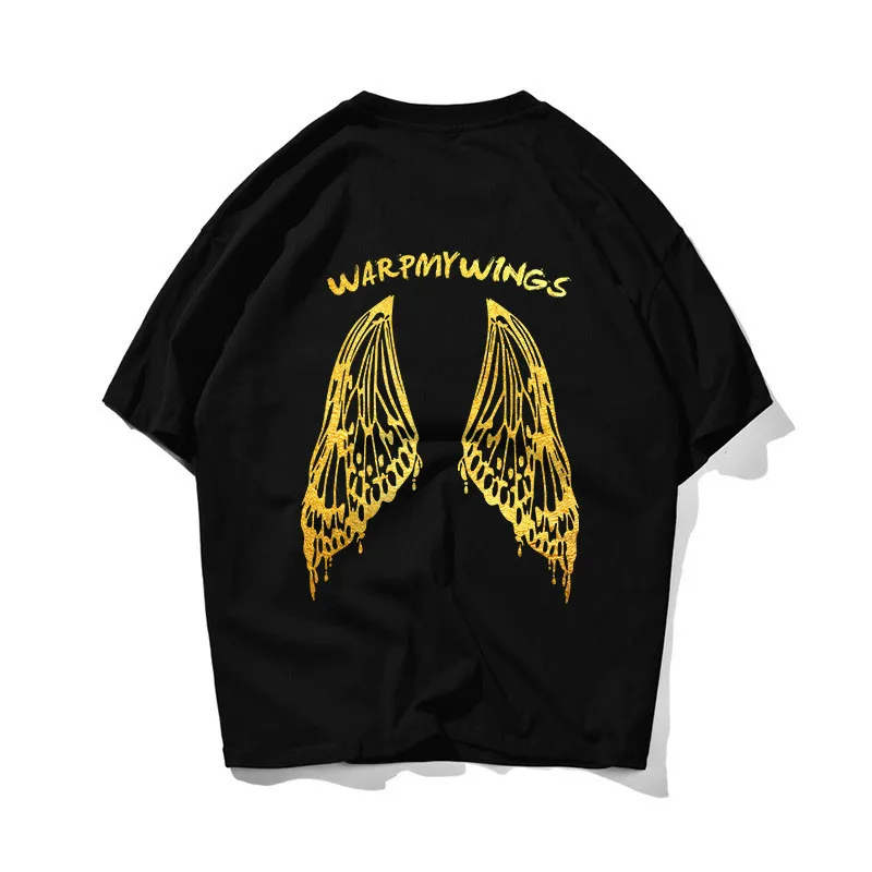 

Men's Summer New Angel Devil Bronzing Big Wings T-shirt Loose Oversize Couple Pure Cotton Short-sleeved American Hip-hop