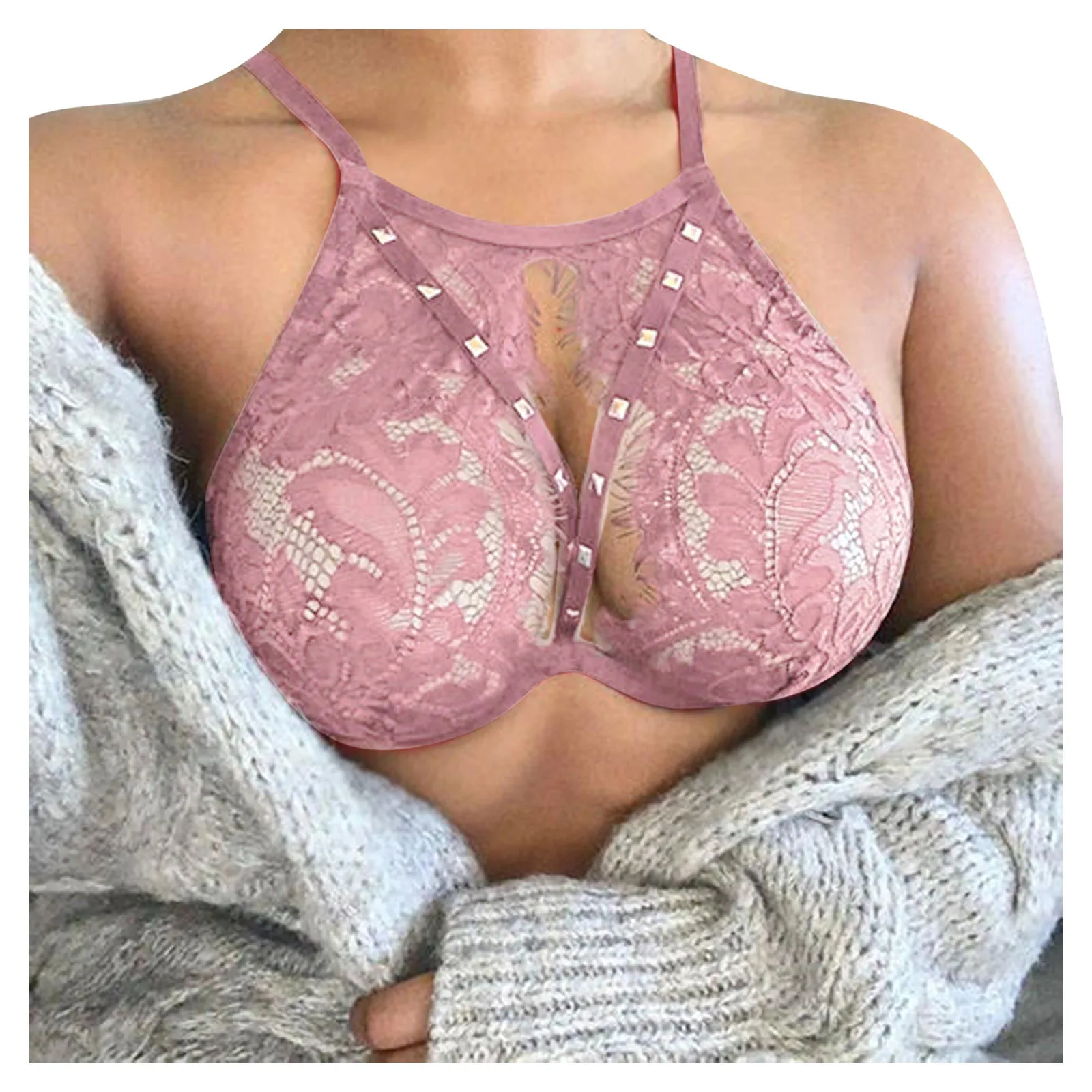 

Women's Clothing Solid Color Hollow Lace Sexy Lingerie Lace Panties Underwea Plus Size Bra Transparent Mesh Bralette