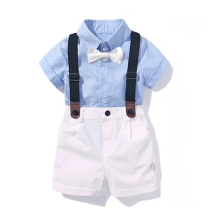 Одежда для маленьких мальчиков рубашка с бантом на день рождения, комплект торжественный костюм для девочки летняя одежда для новорожденных Короткие небесно-голубого цвета, топ + белые штаны с подтяжками; 1 до 4 лет