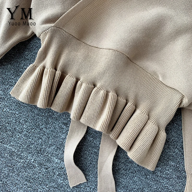 YuooMuoo Elegant V Neck Ruffle Sweater Women Fashion Batwing Sleeve Pullover Jumper Knitted Autumn Ladies Office | Женская одежда