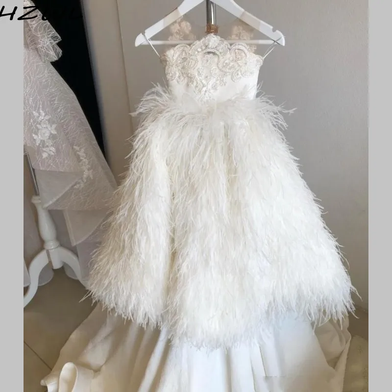 Перьев для девочек Нарядные платья прозрачные кружевные аппликации выреза